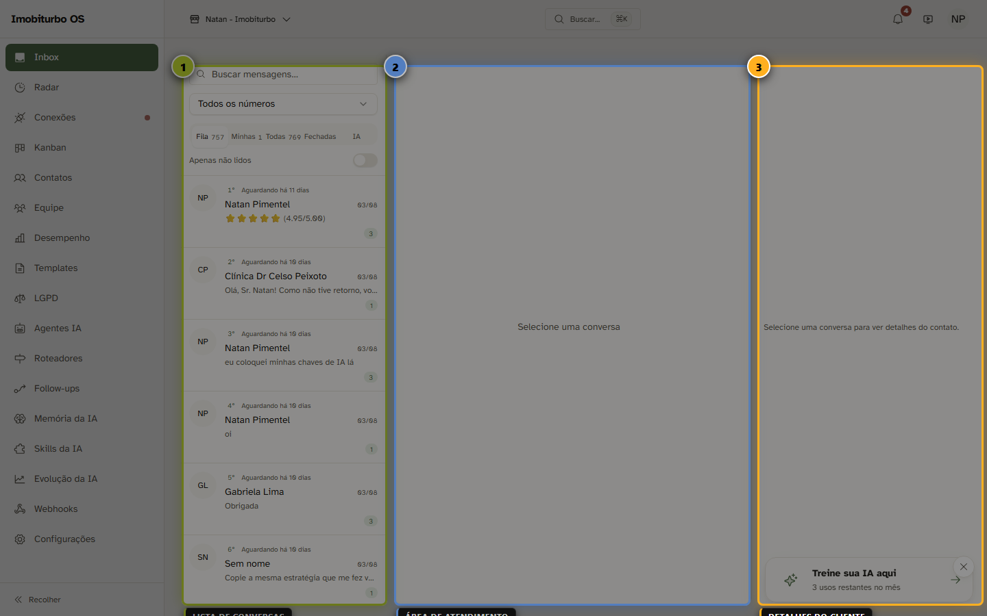 Estrutura da Inbox em 3 Colunas