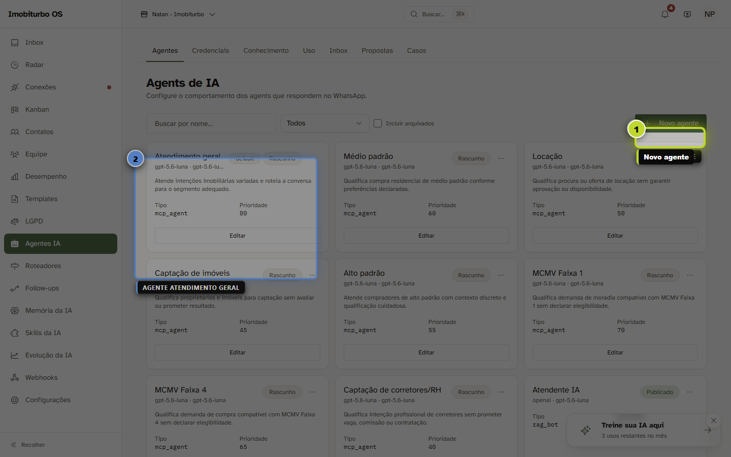 Lista de agentes disponíveis