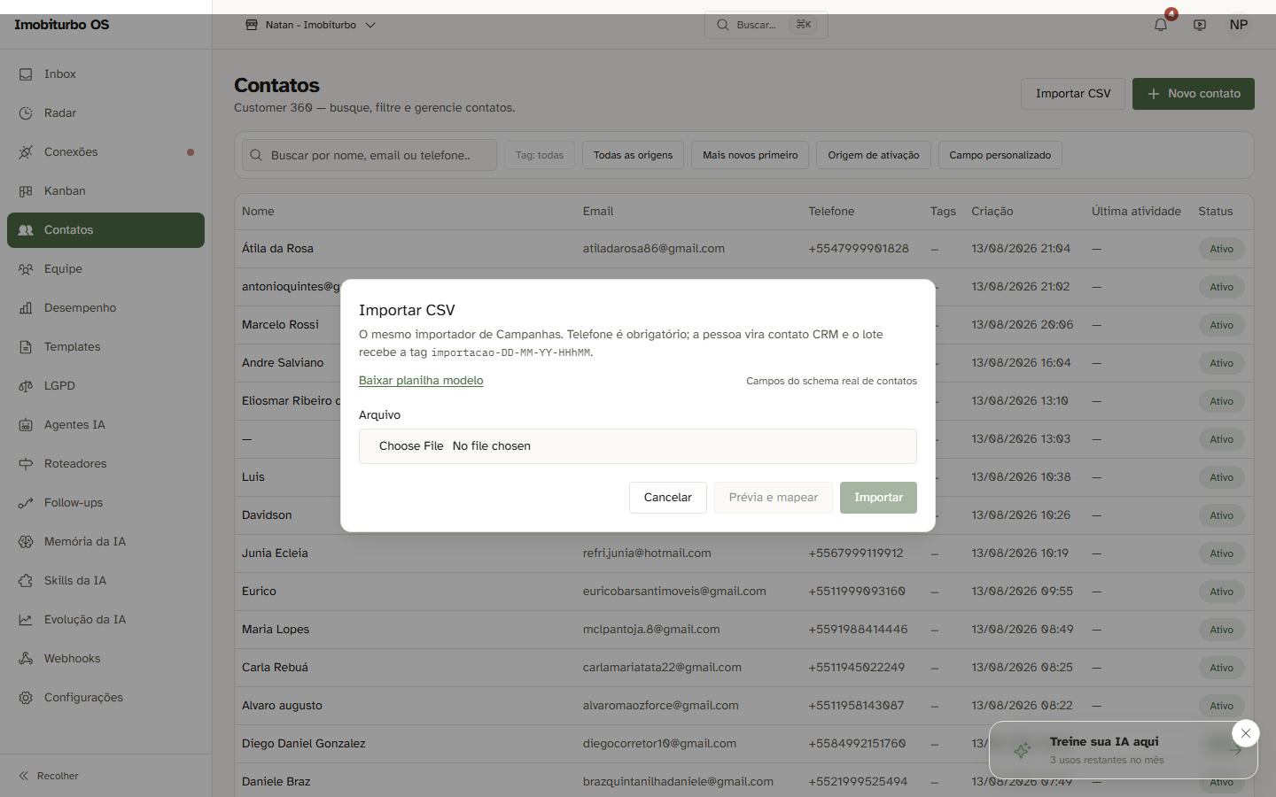 Modal de Importação de Contatos CSV